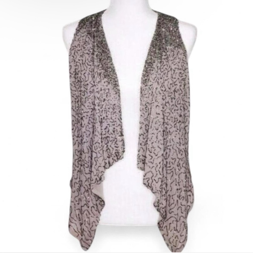Alice + Olivia Silver Sequin Beaded Best Handkerchief Hem Boho Glam Festival M